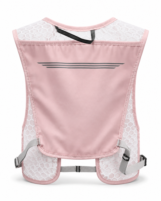 Dos du gilet de course à pied rose avec poche arrière et bandes réfléchissantes