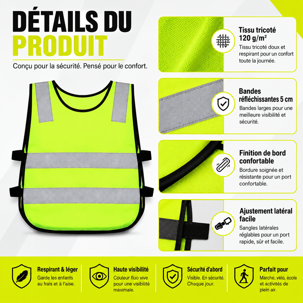 Gilet de sécurité enfant EN 17353 Type AB3 – Jaune fluorescent réfléchissant