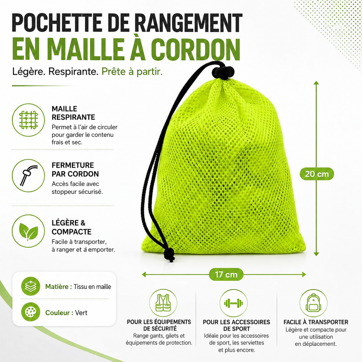 Pochette de rangement légère en mesh réfléchissant avec cordon de serrage – 17 × 20 cm