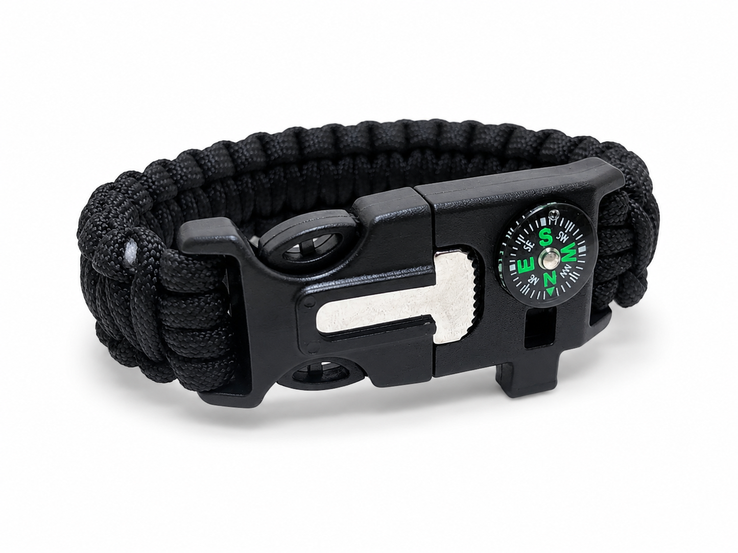 Bracelet de survie en paracorde déplié avec boussole sifflet et pierre à feu