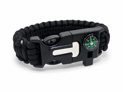 Bracelet de survie en paracorde déplié avec boussole sifflet et pierre à feu