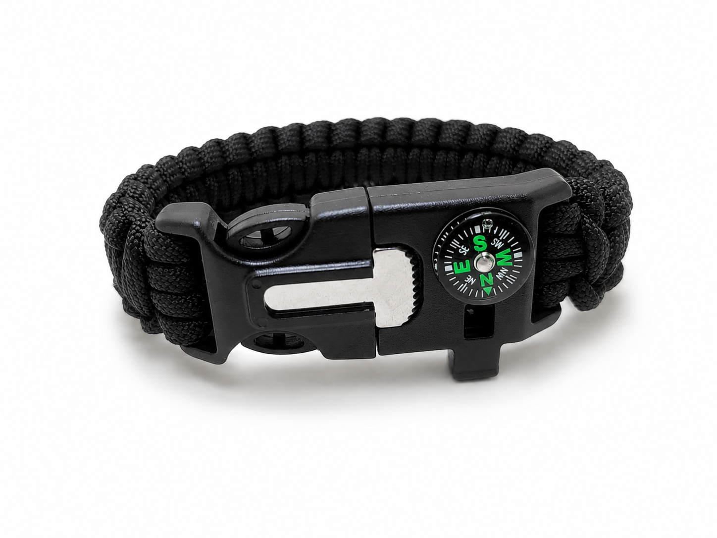 Bracelet de survie noir avec boussole pierre à feu sifflet et grattoir intégré