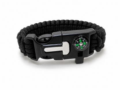 Bracelet de survie noir avec boussole pierre à feu sifflet et grattoir intégré