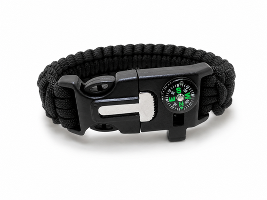 Bracelet de survie noir avec boussole pierre à feu sifflet et grattoir intégré