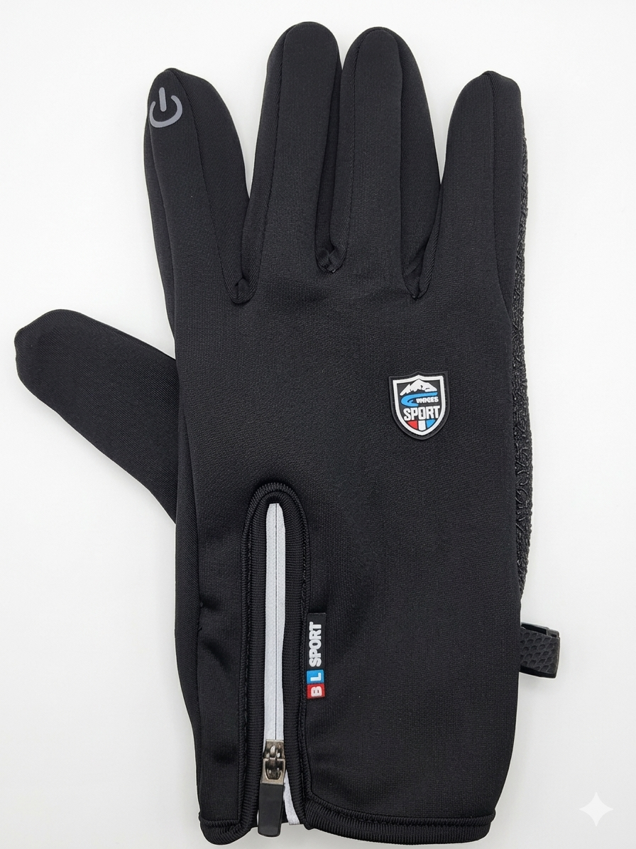Gants vélo tactiles étanches et chauds avec fermeture zippée noir 1