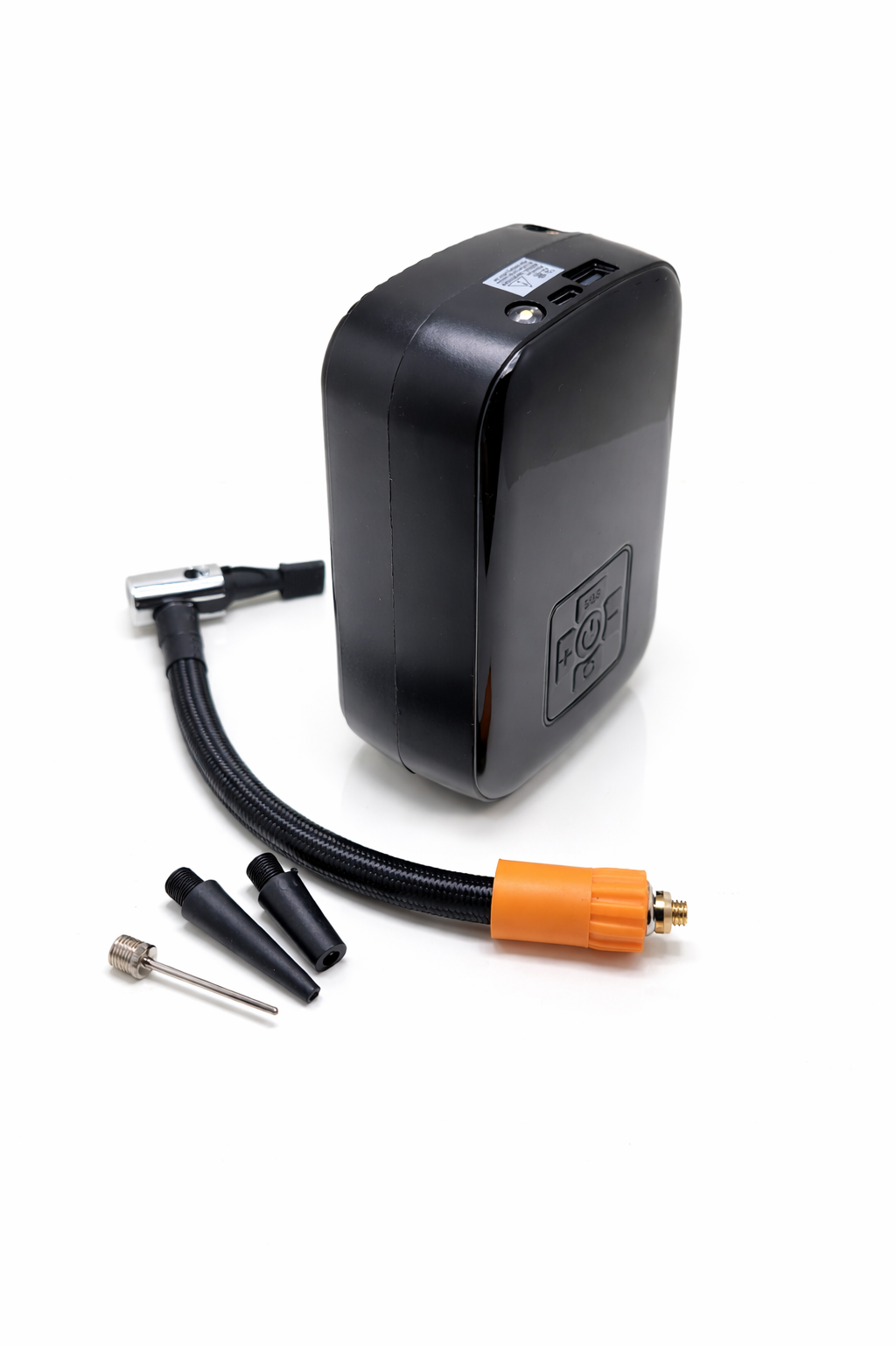Compresseur électrique portable rechargeable noir avec flexible de gonflage côté