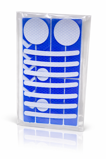 Planche de stickers réfléchissants bleus haute visibilité avec formes variées packaging 2