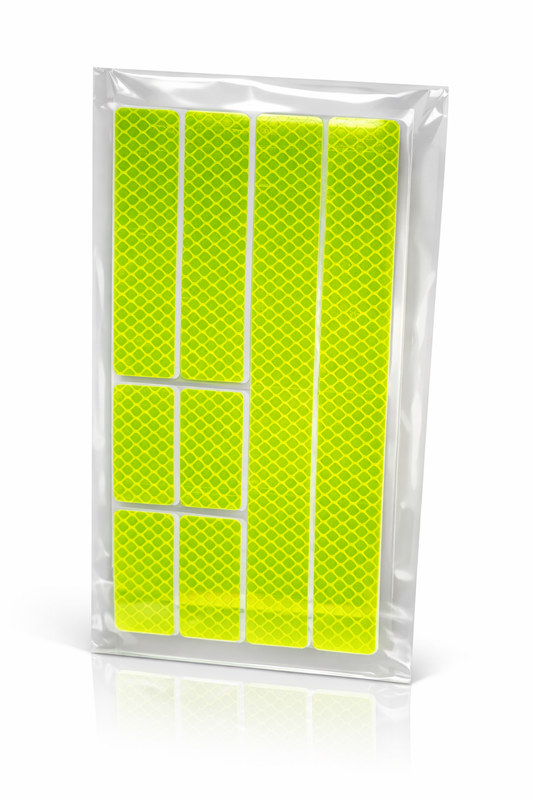 Planche de stickers réfléchissants jaunes haute visibilité avec formes variées packaging 1