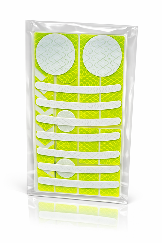 Planche de stickers réfléchissants jaunes haute visibilité avec formes variées packaging 2
