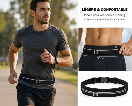 Ceinture de course à pied légère avec 2 poches réfléchissantes noire