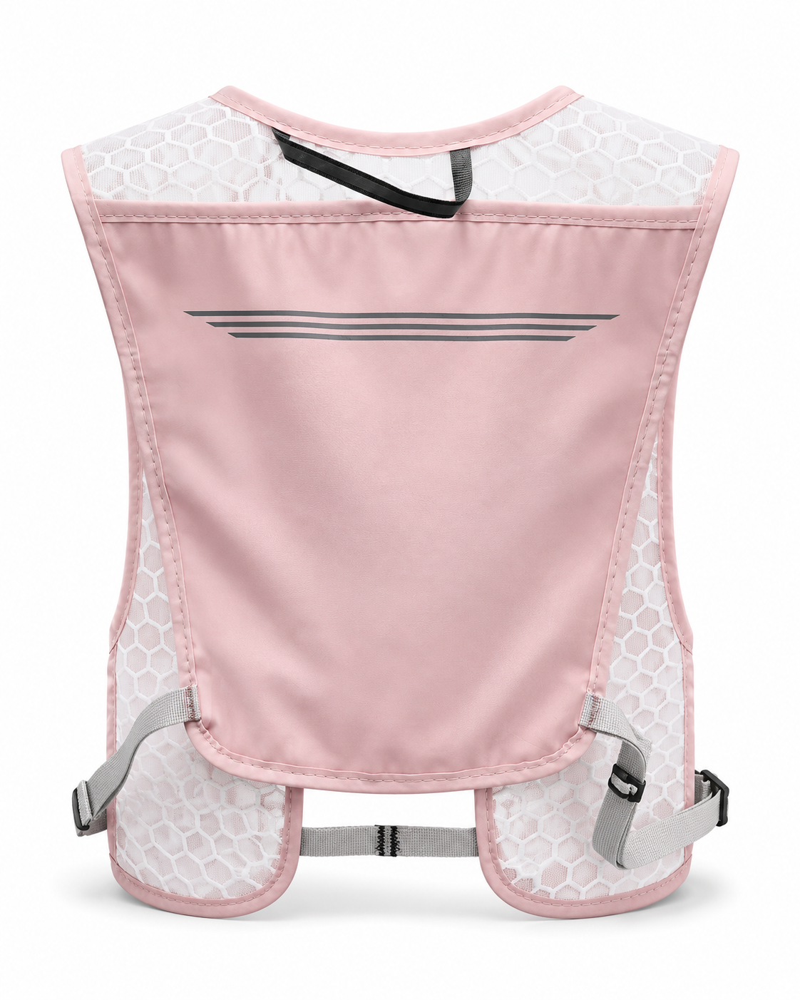 Dos du gilet de course à pied rose avec poche arrière et bandes réfléchissantes