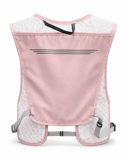 Dos du gilet de course à pied rose avec poche arrière et bandes réfléchissantes