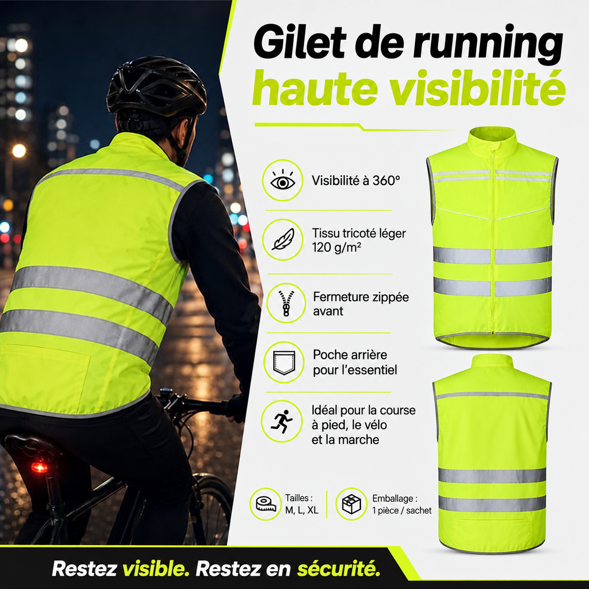 Gilet de running léger réfléchissant EN 17353 Type AB3 – Jaune fluorescent