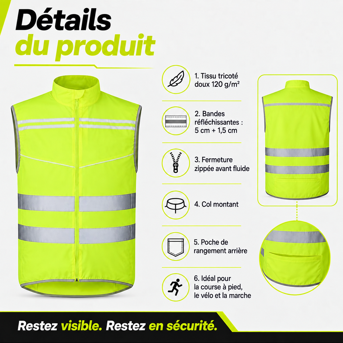 Gilet de running léger réfléchissant EN 17353 Type AB3 – Jaune fluorescent