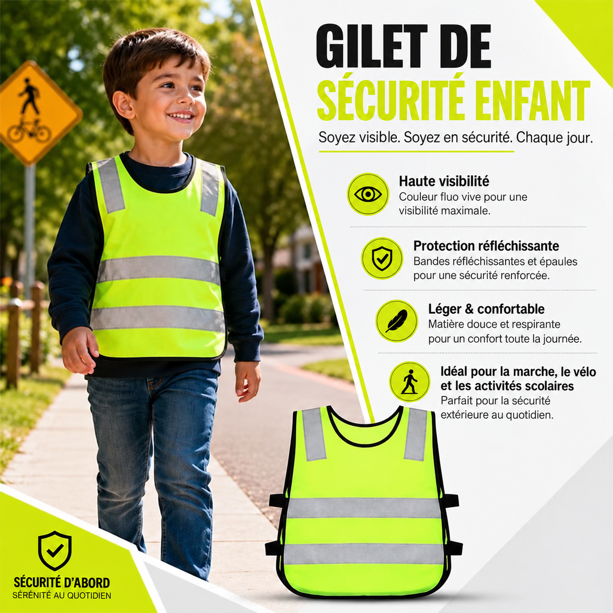 Gilet de sécurité enfant EN 17353 Type AB3 – Jaune fluorescent réfléchissant