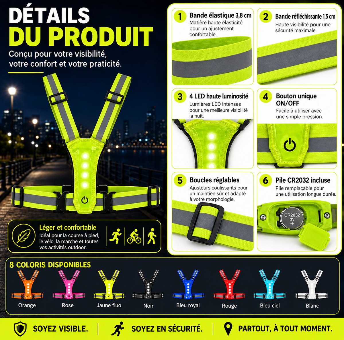 Harnais de sécurité réfléchissant LED réglable – Jaune fluorescent