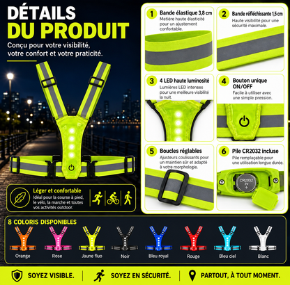 Harnais de sécurité réfléchissant LED réglable – Jaune fluorescent
