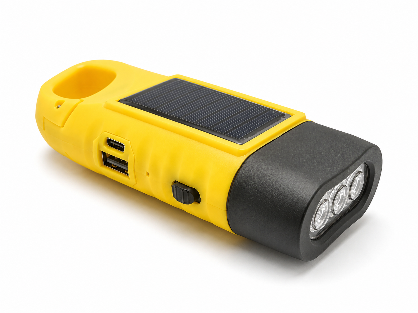 Lampes LED rechargeables solaire dynamo jaune et noire avec 3 LED frontales
