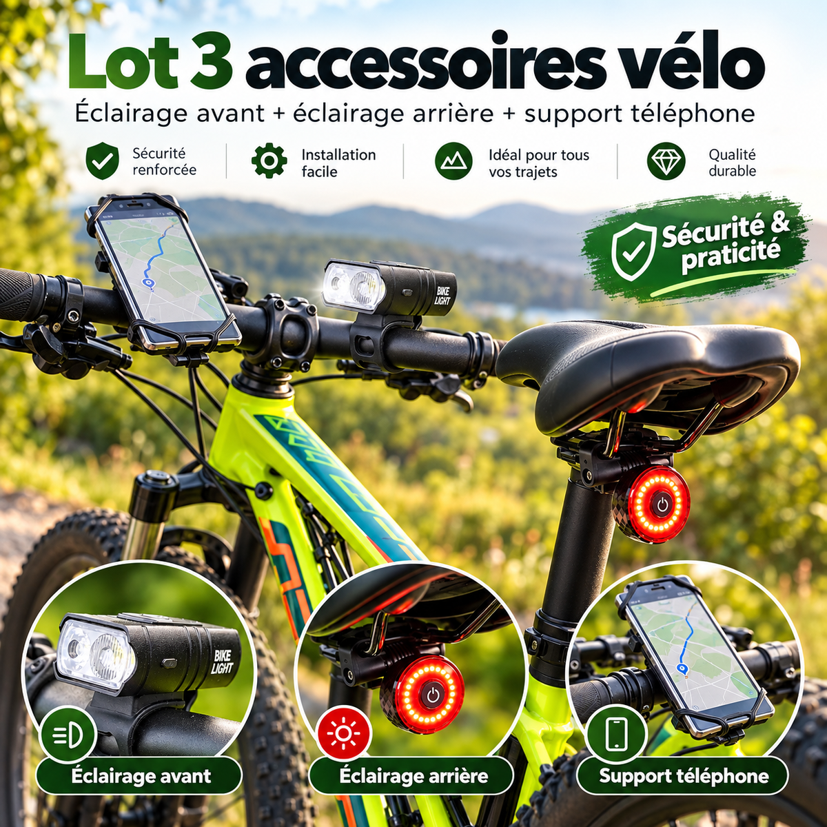 Kit vélo éclairage avant + arrière + support téléphone – Lot -30%