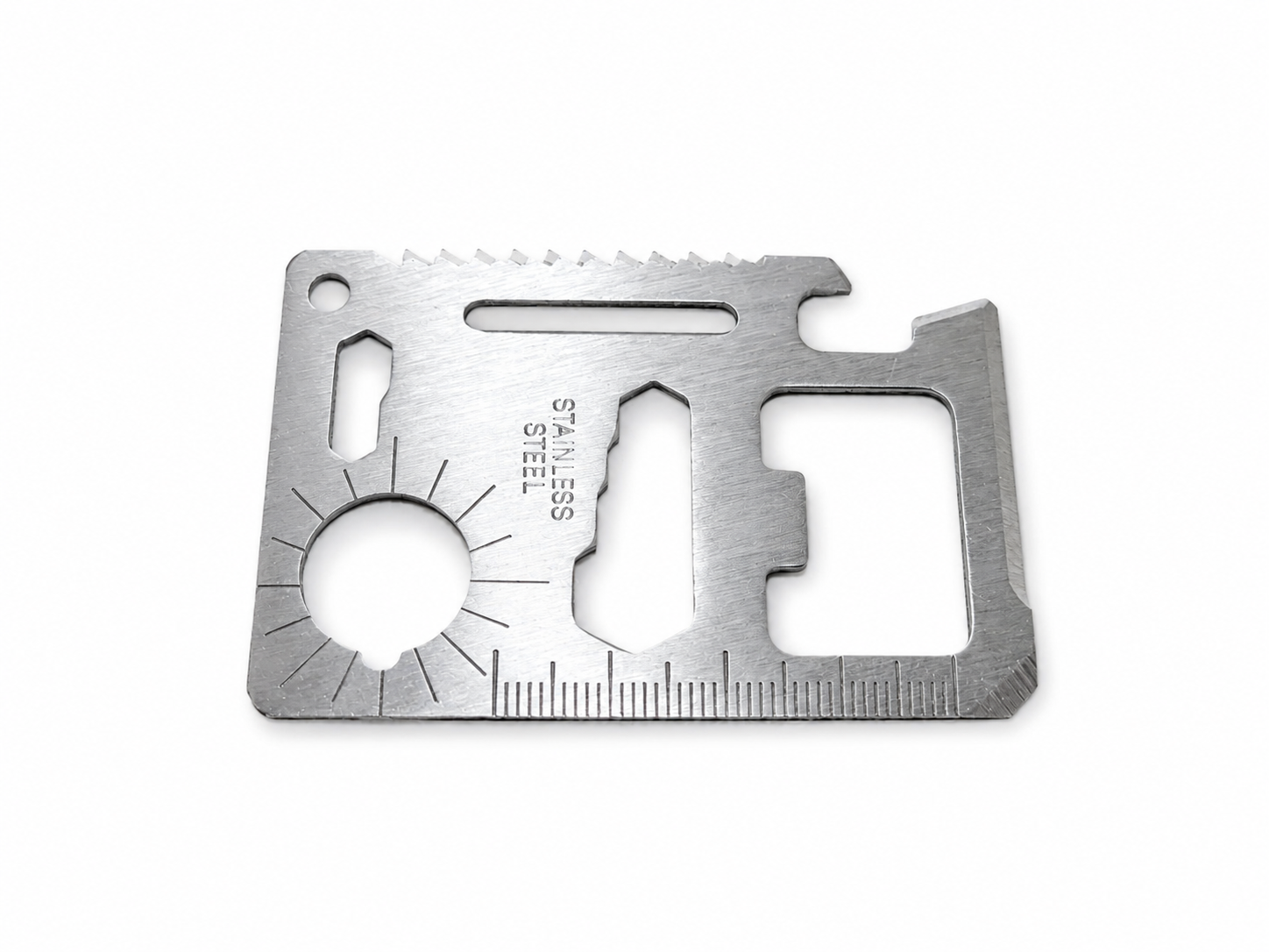 Carte outil multifonction 11 fonctions en acier inoxydable format compact