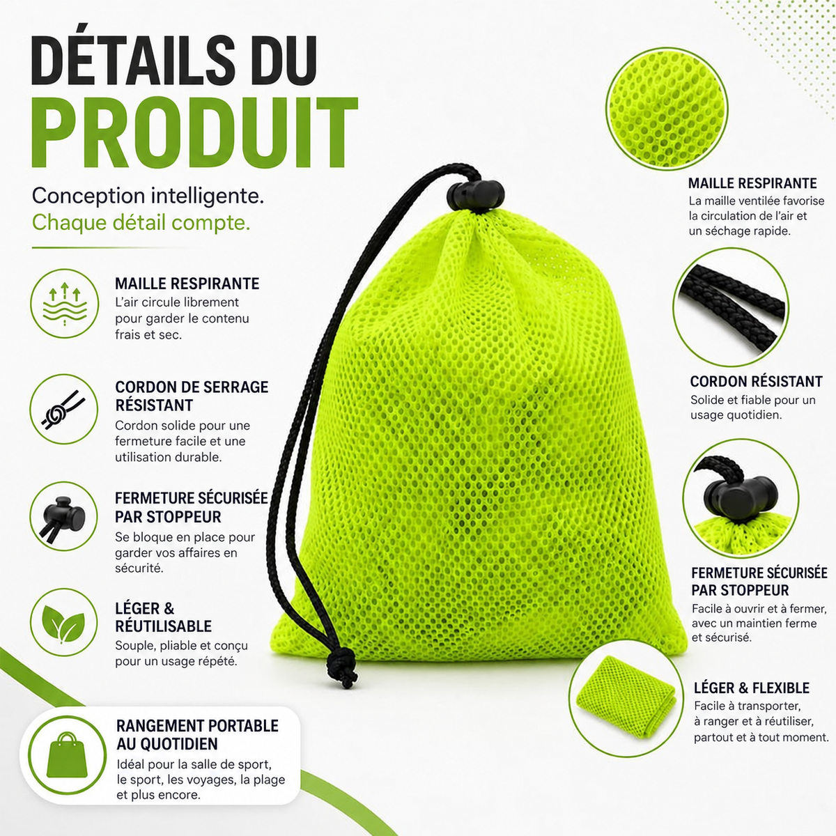 Pochette de rangement légère en mesh réfléchissant avec cordon de serrage – 17 × 20 cm