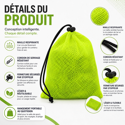 Pochette de rangement légère en mesh réfléchissant avec cordon de serrage – 17 × 20 cm