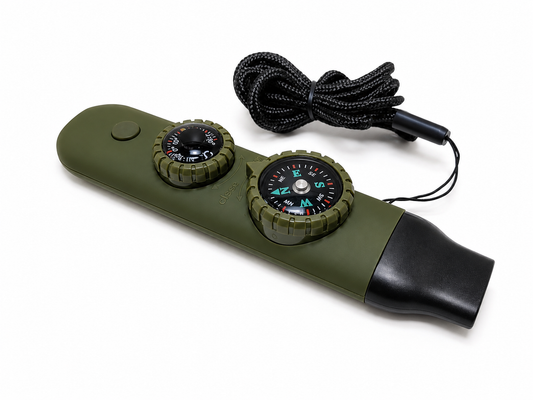 Sifflet de survie multifonction 7 en 1 – boussole, LED, loupe, miroir et thermomètre