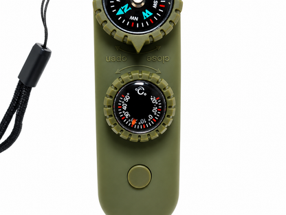 Sifflet de survie multifonction 7 en 1 – boussole, LED, loupe, miroir et thermomètre