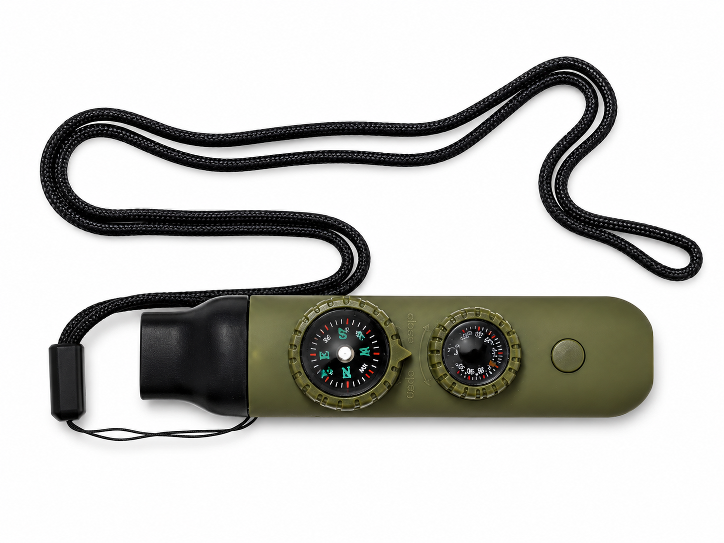 Sifflet de survie multifonction 7 en 1 – boussole, LED, loupe, miroir et thermomètre